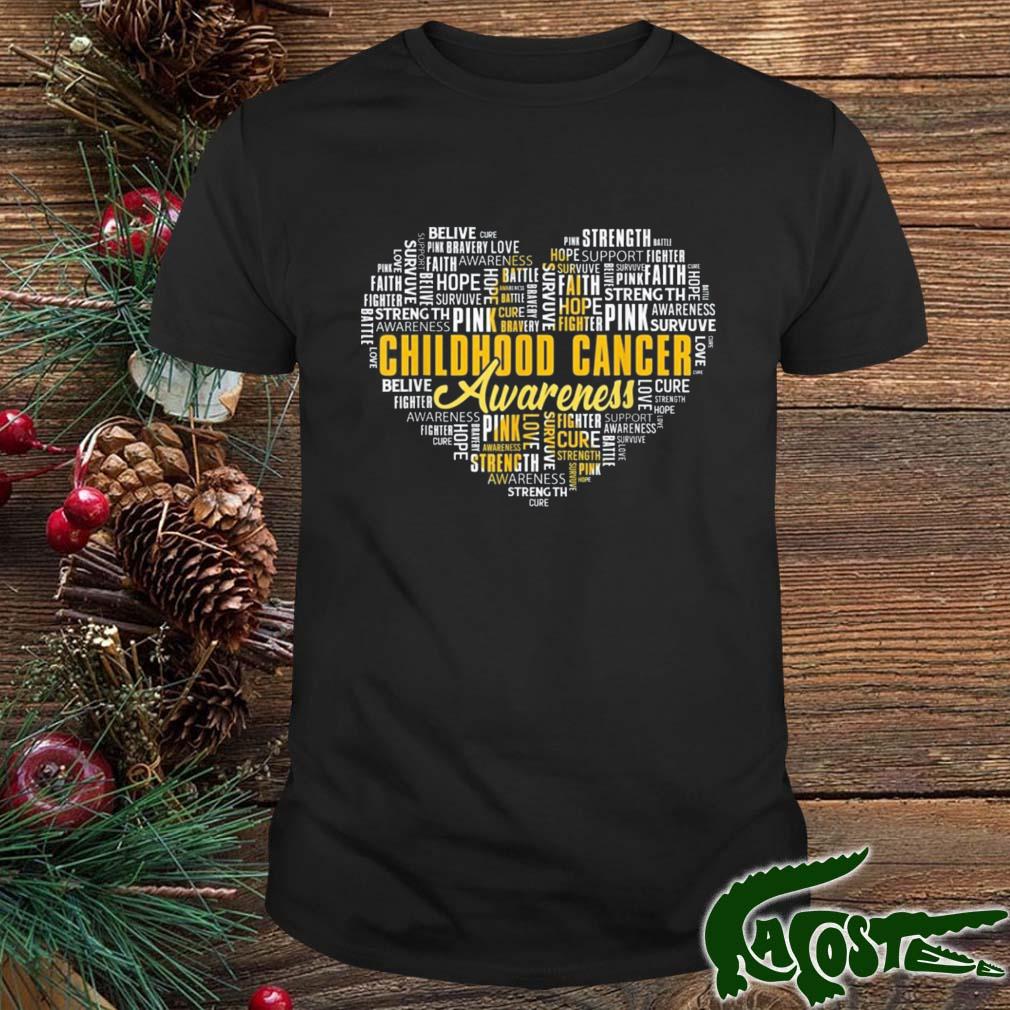 Childhood Cancer Awareness Warriors Heart Gold Ribbon Words T-shirt