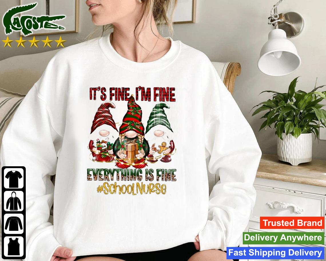 Three Santa Gnomes Leopard Plaid It's Fine I'm Fine Everything Is Fine School Nurse Christmas Sweatshirt