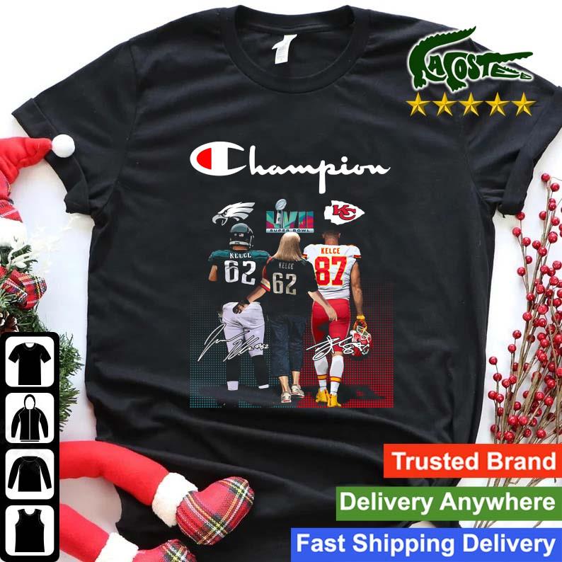 Travis Kelce And Jason Kelce Champion Lvii Super Bowl My Mom Can't Lose Signatures Sweats Shirt