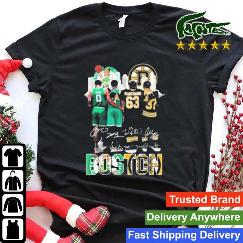 Boston Celtics And Boston Bruins Jaylen Brown Tatum Marchand Bergeron Signature Skyline T-shirt