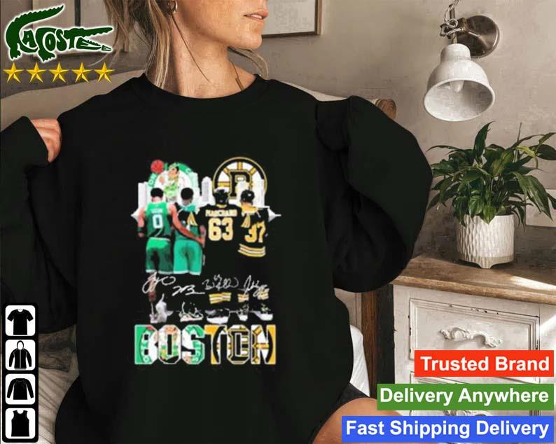 Boston Celtics And Boston Bruins Jaylen Brown Tatum Marchand Bergeron Signature Skyline T-s Sweatshirt